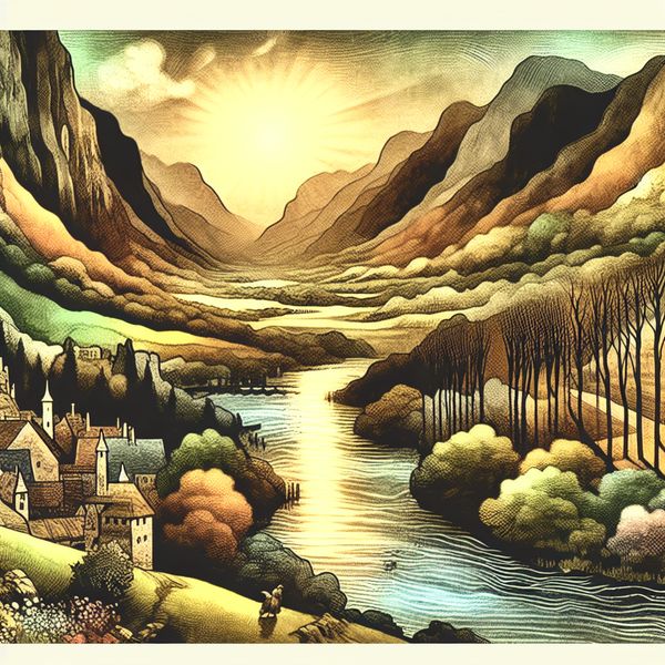 Idyllisch bergdal met rivier en dorpjes - sprookjesachtig landschap in nostalgische stijl Sprookjesachtig landschap met een vallei tussen bergen, een kronkelende rivier en schilderachtige dorpjes in Anton Pieck-stijl
