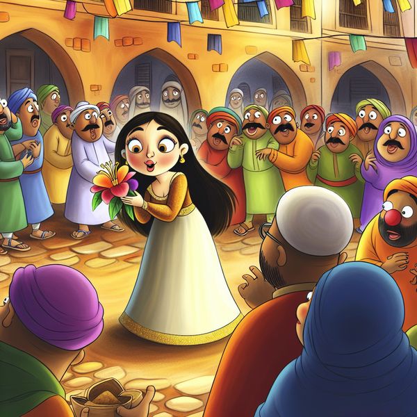 Sprookjesachtige vrouw in levendige markt Jonge vrouw in sprookjesachtige outfit, betoverd in een kleurrijke markt met komische personages en een fantastisch object in de lucht.