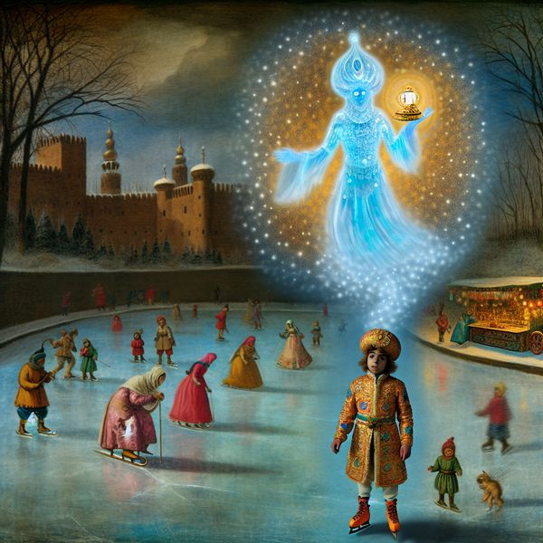 Magische geest uit sprookjeslamp in winterse sprookjesscène - Aladdin en de Djinn Jongen in oosters kostuum kijkt verbaasd naar een blauwe geest die uit een magische lamp verschijnt op een bevroren kanaal in een winterse sprookjesscène