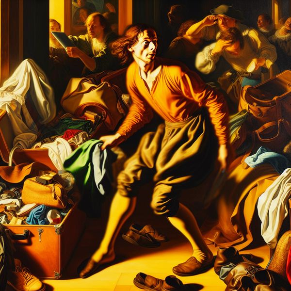 Spullen inpakken voor vertrek: dynamische barokscène in Rubens-stijl Barokke scène van een persoon die haastig spullen inpakt voor een reis, omringd door kleding, een koffer en reisbenodigdheden in de stijl van Peter Paul Rubens