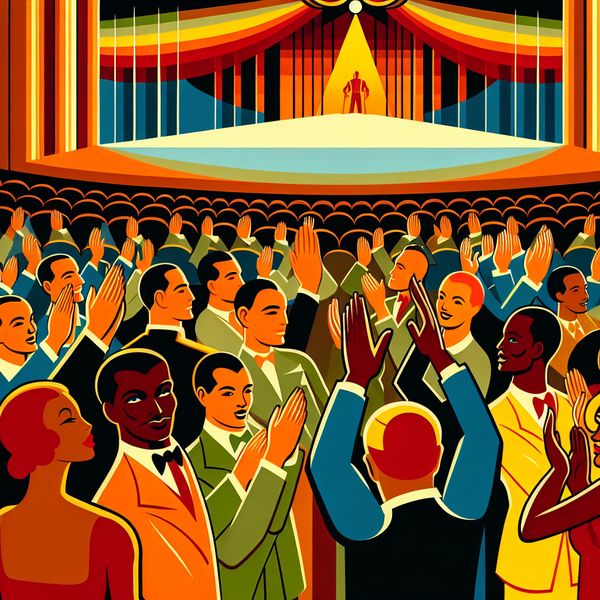 Retro-futuristische illustratie van een theaterpubliek dat staand applaus geeft, met enthousiast klappende handen en een artiest die buigt op het podium