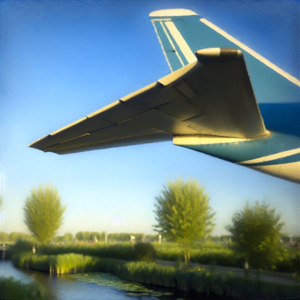 Stabiliteit en ontwerp: de staart van een vliegtuig De staart van een vliegtuig tegen een heldere blauwe lucht, omringd door groene bomen en een rivier.