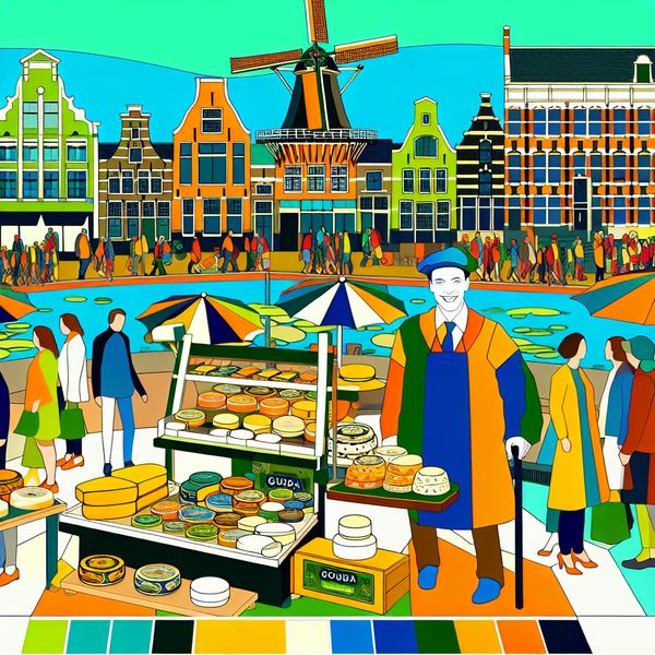 Een levendige stadsgezichten van Gouda met kaasstalletje en traditionele architectuur