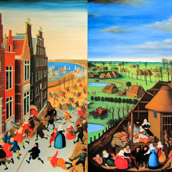 Illustratie van een levendige stadscène met drukke straten en een rustige landelijke omgeving met groene velden.