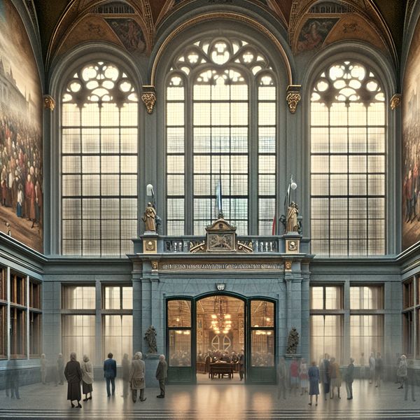 Hedendaags Stadhuis met Traditionele Architectuur Renovated city hall showcasing a blend of traditional and modern architectural features, with intricate sculptures and ornate windows