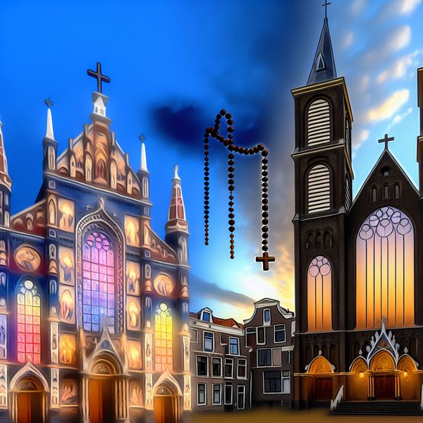 Stadsgezicht met katholieke en protestantse kerk Hyper-realistisch stadsgezicht met een katholieke kerk en een protestantse kerk bij schemering.
