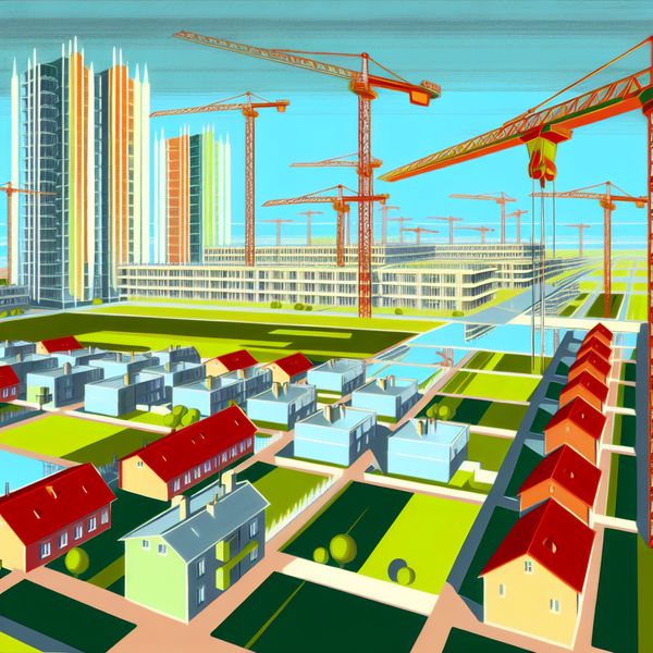 Moderne stad met een bouwplaats en retro-futuristische architectuur