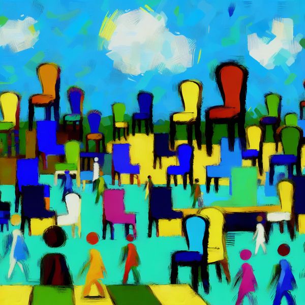 Vibrante stadsplein met kleurrijke oversized stoelen Vibrant abstract scene of an energetic city square with colorful oversized chairs and a blue sky