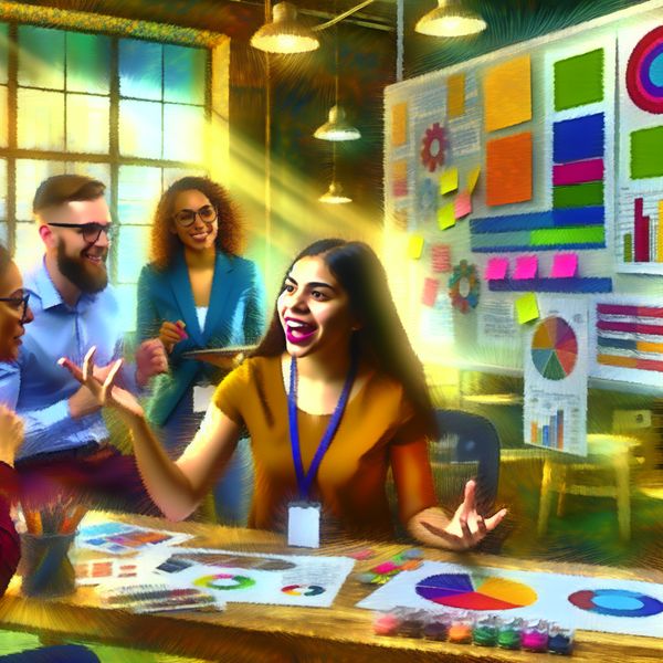 Stagiair Marketing Bureau Samenwerking Leren Een jonge vrouw als stagiaire in een marketingbedrijf, omringd door kleurrijke marketingmaterialen, in discussie met collega's