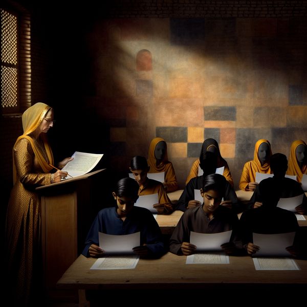 Uniforme beoordeling in klassikale setting volgens vaste regels - standaard aanpak 17e-eeuwse klaslokaal met leraar die uniforme beoordelingsformulieren nakijkt volgens vaste regels, Rembrandt-stijl met chiaroscuro