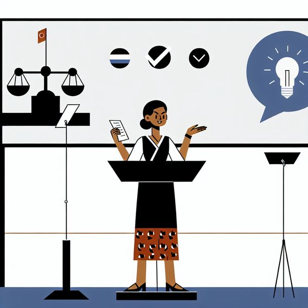 Minimalistische illustratie van een zelfverzekerde vrouw die haar standpunt verdedigt tijdens een discussie in een formele setting zoals een parlement of debatzaal, met symbolen voor argumenten op een scherm achter haar