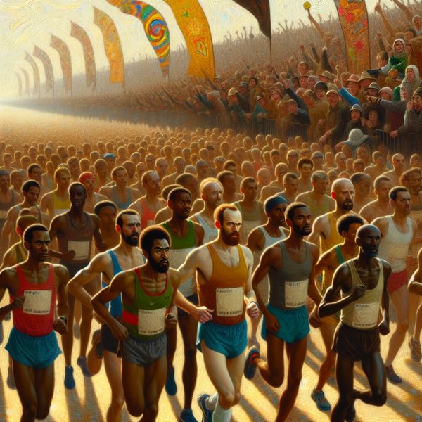 Start van een marathon met enthousiaste hardlopers en juichende toeschouwers bij zonsopgang.