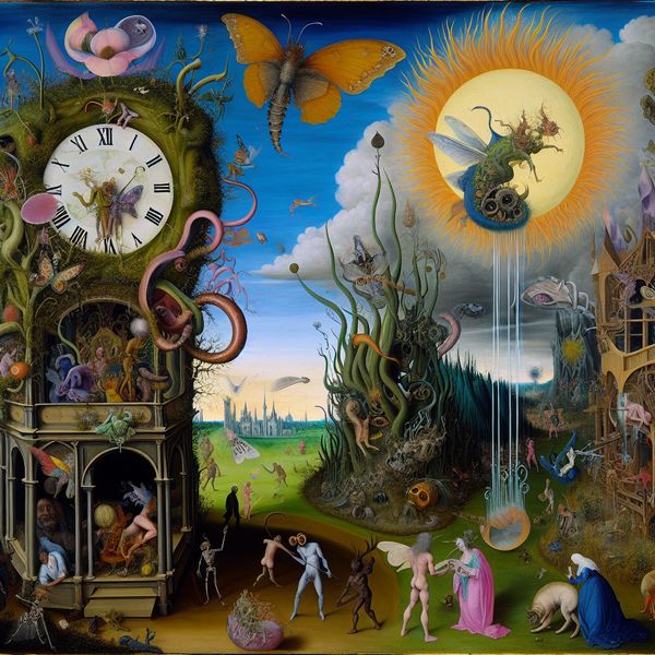 Officiële Start van de Zomer – Surrealistische Tuin Scene Surrealistische afbeelding van de officiële start van de zomer op 21 juni, met een kleurrijke tuin, gigantische vlinders, bizarre planten en een smeltende klok, omringd door dansende mensen.