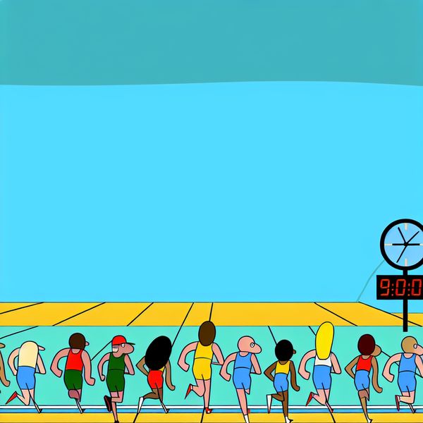 Minimalistische illustratie van een startlijn van een race met cartoonstijlvrouwen en een grote klok.