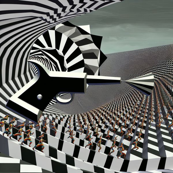 Startschot geluid: surrealistische weergave van een plotselinge harde knal Surrealistische afbeelding van een startpistool dat wordt afgevuurd in een Escher-achtig stadion, met geometrische schokgolven en dynamische lopers