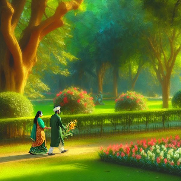 Stel in een groen park genietend van de natuur Een stel wandelt hand in hand door een groen park met kleurrijke bloemen en hoge bomen, genietend van de natuur.