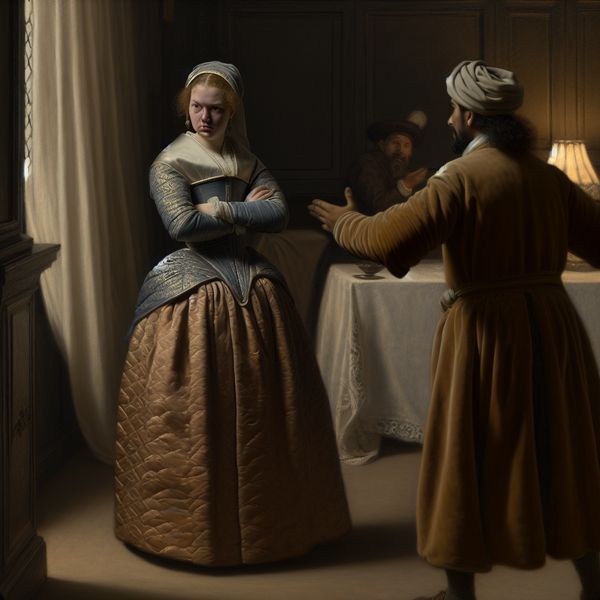 Illustratie van 'stellig' of 'vierkant' weigeren in historische setting voor taalonderwijs Twee figuren in 17e-eeuwse kleding in een elegante kamer, waarbij een vrouw met over elkaar geslagen armen resoluut weigert zich te verontschuldigen, illustrerend het woord 'vierkant' of 'stellig'