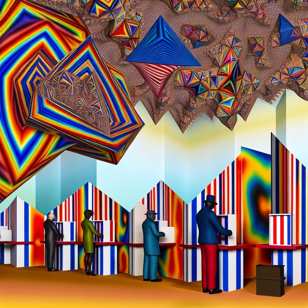 Surrealistisch Stembureau met Geometrische Vormen en Stemprocedures Surrealistische voorstelling van een stembureau omringd door geometrische vormen en optische illusies met diverse mensen die hun stem uitbrengen.