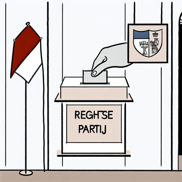 Stembureau rechtse partij - minimalistische illustratie voor taalonderwijs Minimalistische illustratie van een stembureau met stembus voor een rechtse politieke partij, hand die stembiljet inbrengt