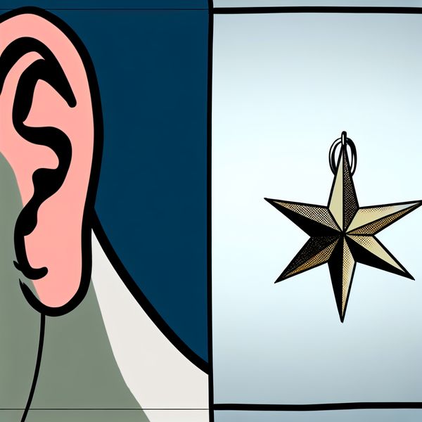 Stervormige Oorbel: Minimalistische Versiering voor de Oor Een stervormige oorbel hangt aan een menselijke oor, eenvoudig en minimalistisch weergegeven.
