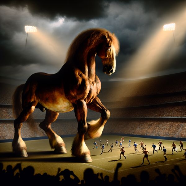 Een sterk paard in een sportarena, dat kracht en leiderschap symboliseert.