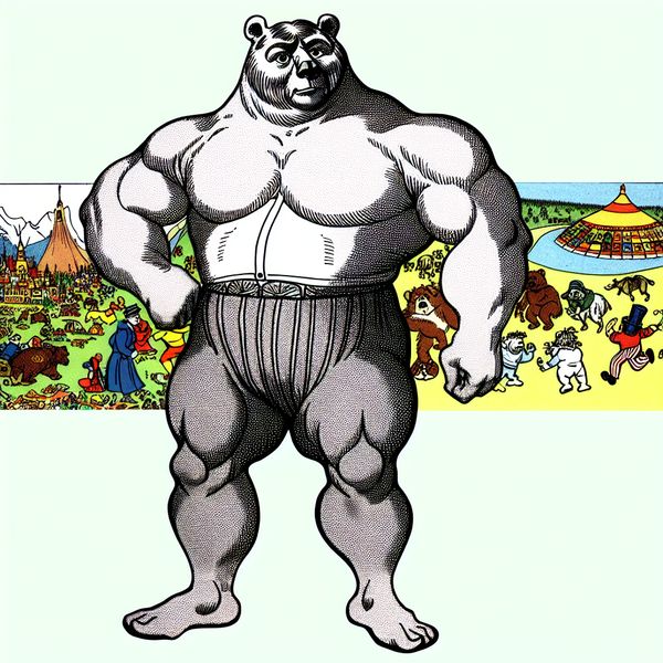 Een grote cartoonachtige beer-figuur die eruitziet als een sterke man met brede schouders en gespierde armen, in een kleurrijke en speelse omgeving.