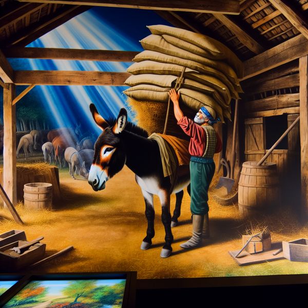 Sterke ezel als lastdier op traditionele boerderij Een sterke ezel in een barn, geladen met zakken door een boer