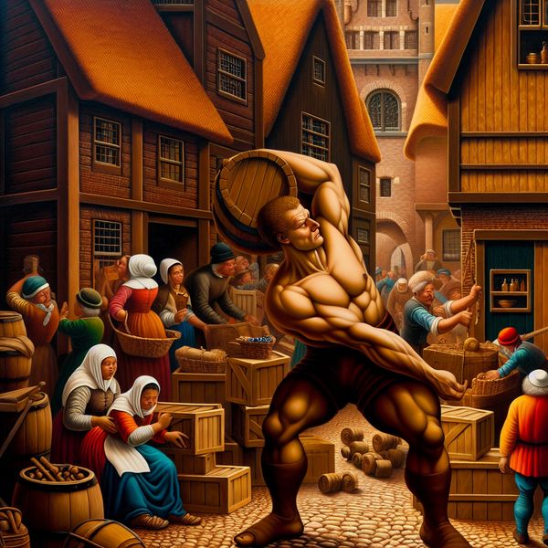 Druk Nederlands huishouden in de stijl van Jan Steen met een sterke man die moeiteloos zware houten kratten tilt, omringd door bewonderende mensen en alledaagse activiteiten