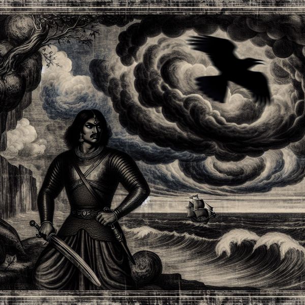 Een sterke mannelijke figuur in middeleeuwse wapenrusting staat op een klif met een woelige zee, omringd door stormachtige wolken en een vliegende raaf.