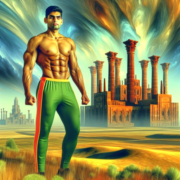 Hyper-realistisch beeld van een sterke man in sportkleding, staand in een monumentaal landschap met indrukwekkende architectuur.