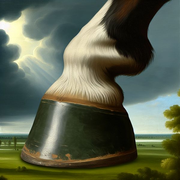Sterke paardenhoef onder dramatische luchten Close-up van een sterk paardenhoef met een dramatische lucht op de achtergrond.