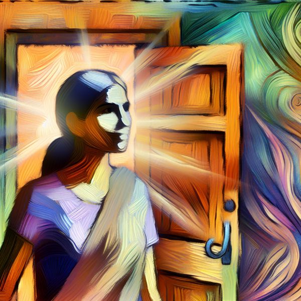Sterke vrouw voor een houten deur - Veerkracht en Kansen Een sterke volwassen vrouw staat zelfverzekerd voor een houten deur, verlicht door warm zonlicht.