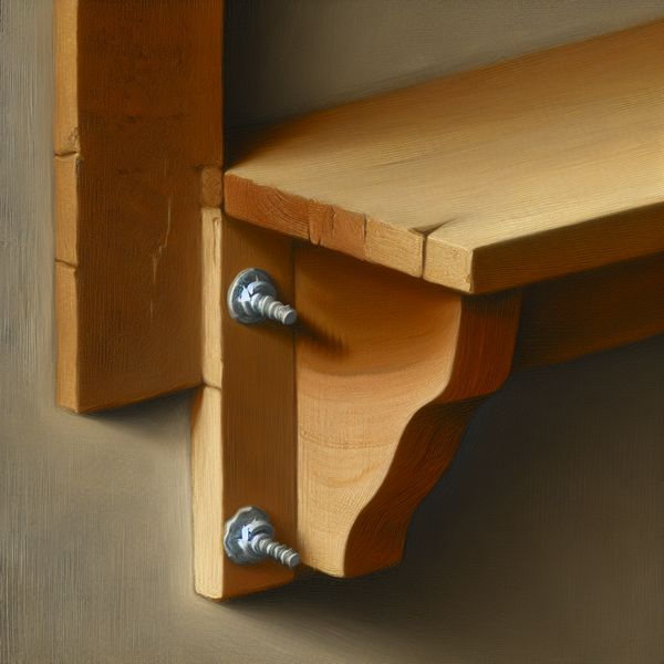 Houten plank stevig bevestigd aan een muur met zichtbare schroeven, realistisch geschilderd in de stijl van Gerard ter Borch