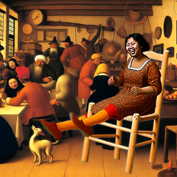 Stevige houten stoel biedt comfort en ondersteuning Een stevige houten stoel steunt een ontspannen persoon in een gezellige, drukke kamer vol leven.