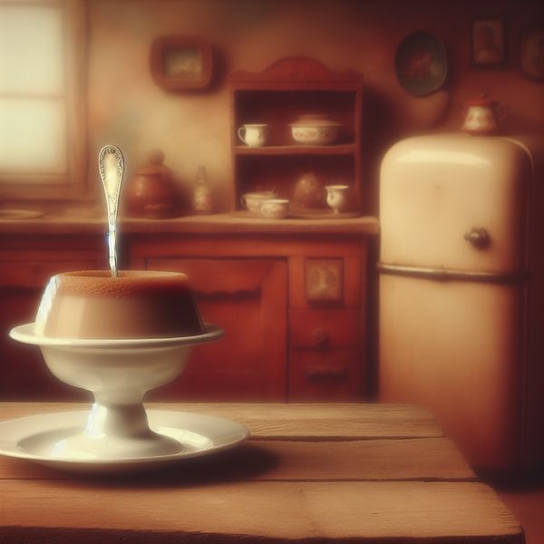 Stevige pudding consistentie: dik en vast voedsel in nostalgische keukenscène Kom stevige pudding met rechtopstaande lepel in nostalgische keuken, illustratie van dikke consistentie
