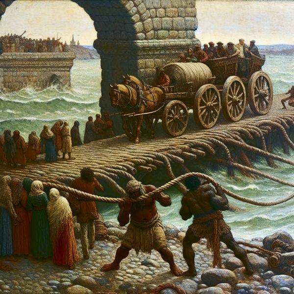 Stevigheid en kracht in nostalgische brugscène voor taalonderwijs Oude stenen brug met reizigers en kar, symboliserend stevigheid en kracht, met een sterke man die tevergeefs aan een dik touw trekt