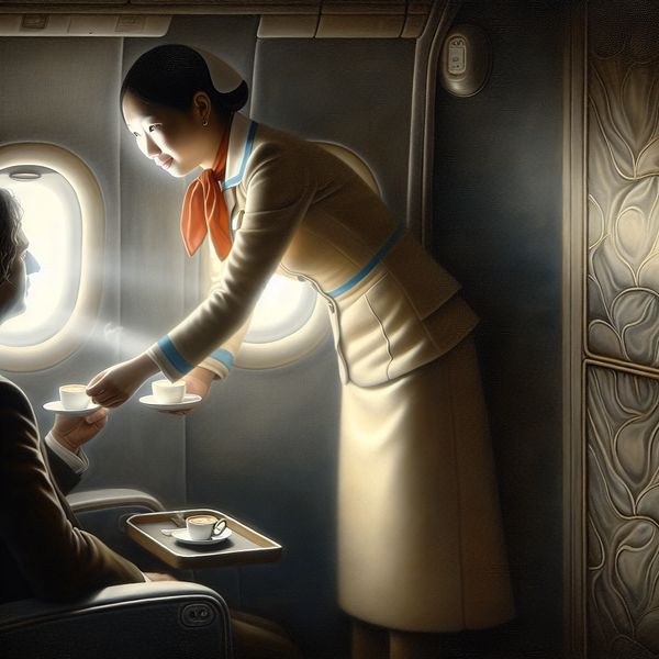 Klassieke stewardess serveert koffie in vliegtuigcabine - Vermeer schilderijstijl Vrouwelijke stewardess serveert koffie aan passagier in vliegtuigcabine met zacht licht in Vermeer-stijl