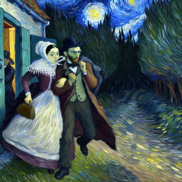 Twee mensen in 19e-eeuwse kleding sluipen 's nachts stiekem weg uit een huis, met angstige en opgewonden gezichten, onder een dramatische Van Gogh-hemel met zwierende sterren