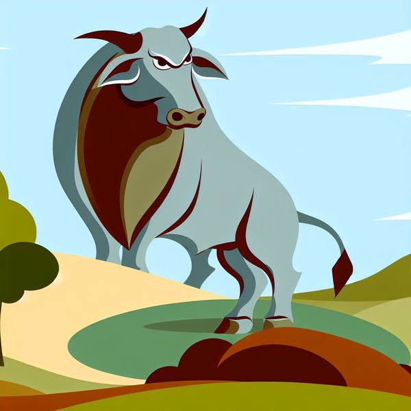 Stier als symbool van kracht en vastberadenheid in kinderlijke stijl Krachtige en majestueuze stier staat zelfverzekerd in een serene landschap, omringd door zachte heuvels en een blauwe lucht.