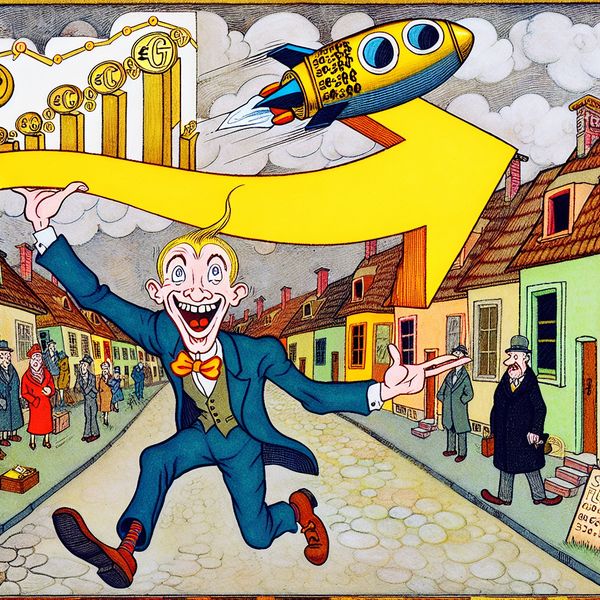 Stijging huizenprijzen cartoon - humoristische illustratie van vastgoedmarkt Grappige cartoon van een vastgoedmakelaar met een gouden pijl met een huis erbovenop, symboliserend de stijging van huizenprijzen