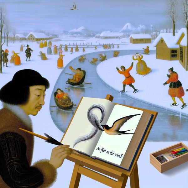 Dichter bij een ezel met een open boek waarin een vogel overgaat in wind, symboliserend voor de stijlfiguur 'Zo snel als de wind' in een levendige winterse grachtenscène in de stijl van Hendrick Avercamp