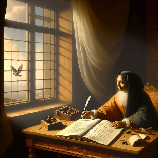 Stijlfiguur vergelijking in poëzie: zo vrij als een vogel Dichter aan houten bureau bij zonlicht, schrijvend in poëzieboek met de zin 'zo vrij als een vogel', terwijl een vogel buiten vrij vliegt