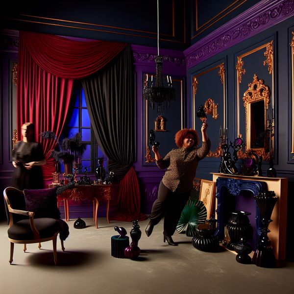 Stijlvolle interieurdecoratie met donkere kleuren Een vrouw organiseert haar stijlvolle kamer met donkere kleuren, waaronder marineblauw en bordeauxrood, verlicht door dramatisch licht.