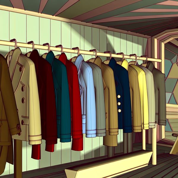 Stijlvolle jassen en kapstok in retro-futuristische kamer Een speelse kapstok gevuld met verschillende stijlvolle jassen in een retro-futuristisch interieur.