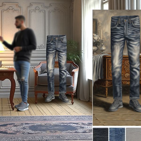 Stijlvolle jeans in elegante woonkamer Man in stijlvolle jeans in een elegante woonkamer, voorbereid voor een avondje uit