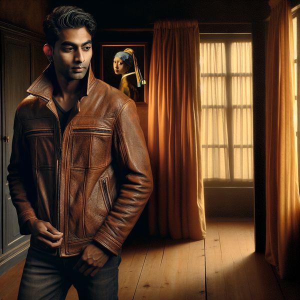 Stijlvolle leren jas in een elegante binnenruimte Stijlvolle man in een leren jas in een zacht verlichte kamer, geïnspireerd door Vermeer