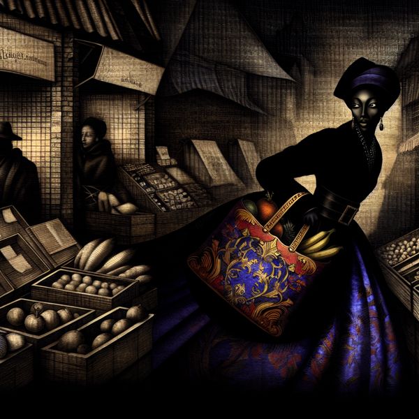 Een stijlvolle vrouw met een gedetailleerde tas vol kleurrijke boodschappen, wandelend door een mysterieuze markt.