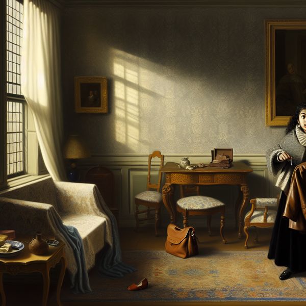 Een stijlvolle vrouw op zoek naar haar verloren sleutels in een elegant, verfijnd interieur met zachte verlichting.