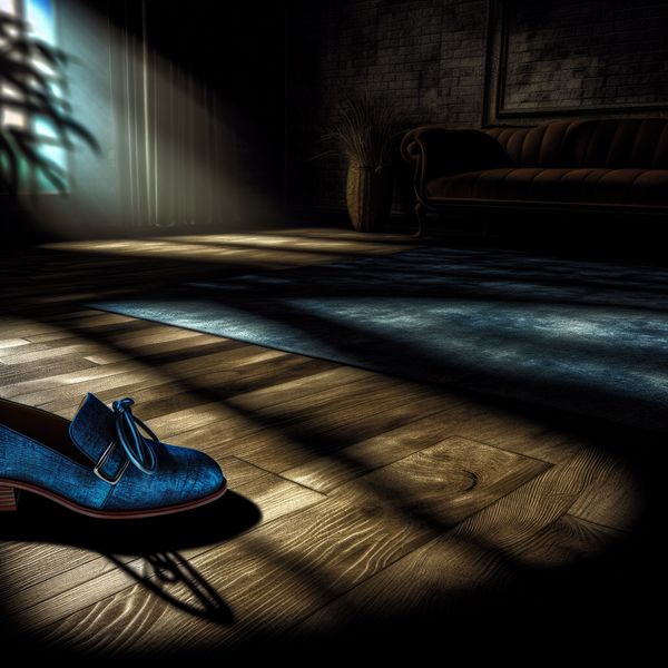 Stijlvolle blauwe schoen op houten vloer Een stijlvolle blauwe schoen op een elegante, getextureerde houten vloer met dramatische schaduwen.