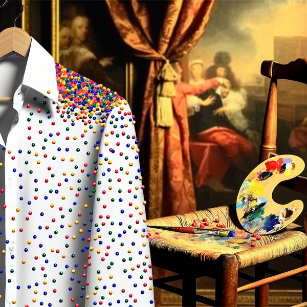 Speelse Stijlvolle Shirt met Decoratieve Stipjes Een close-up van een stijlvolle shirt met kleurrijke stipjes, draperend over een houten stoel in een klassiek decor.